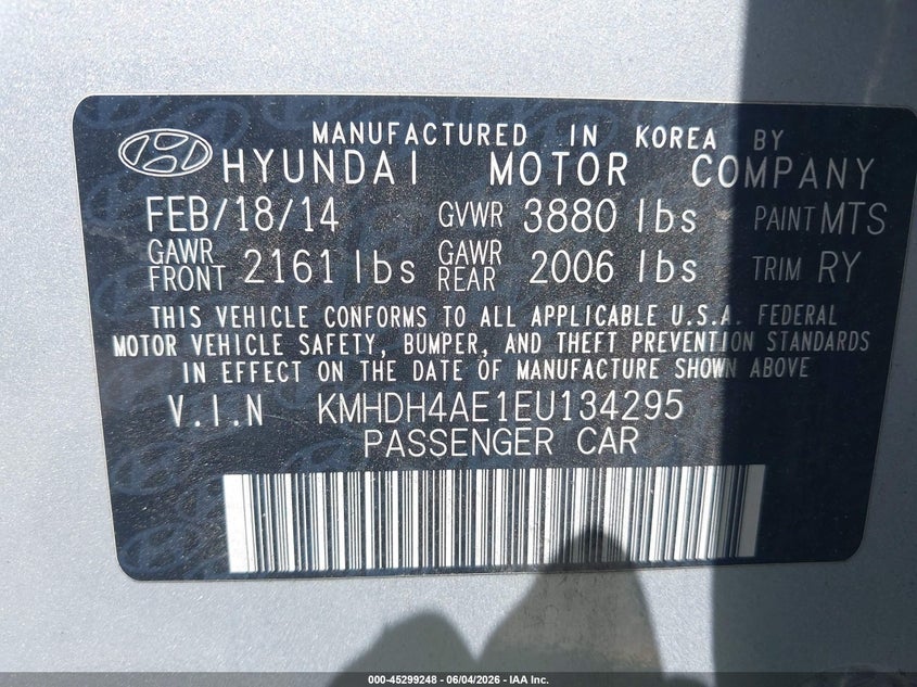2014 Hyundai Elantra Limited VIN: KMHDH4AE1EU134295 Lot: 45299248