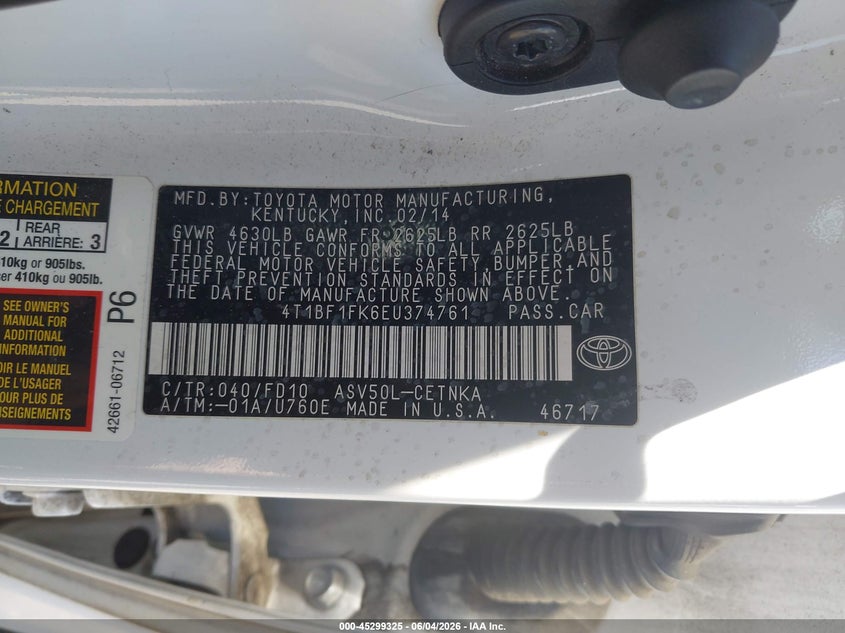 2014 Toyota Camry Le VIN: 4T1BF1FK6EU374761 Lot: 45299325