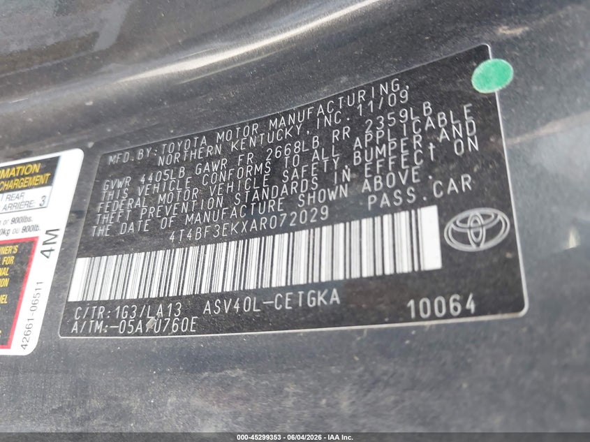 2010 Toyota Camry Xle VIN: 4T4BF3EKXAR072029 Lot: 45299353