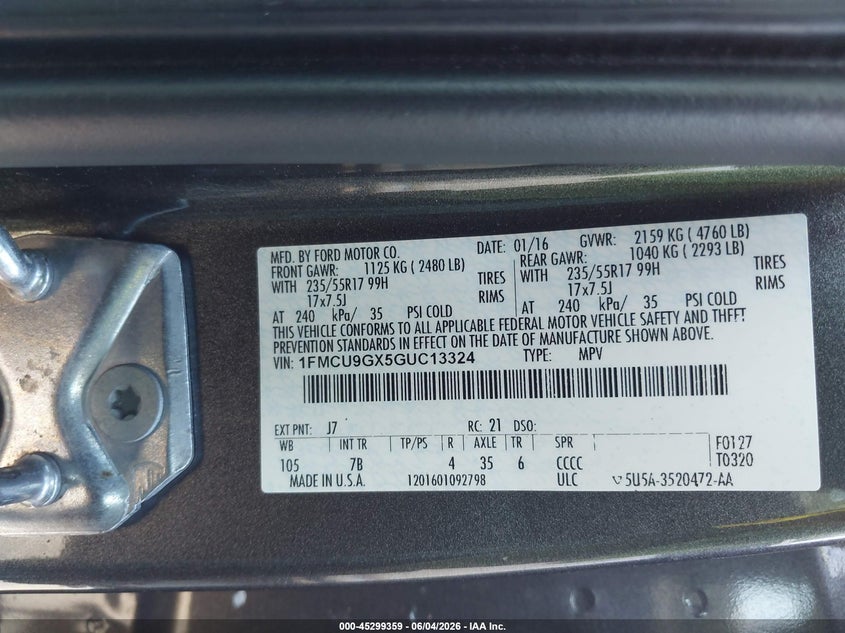2016 Ford Escape Se VIN: 1FMCU9GX5GUC13324 Lot: 45299359