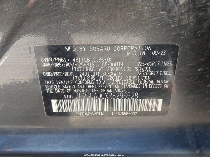 2024 SUBARU CROSSTREK 2.0L H-4 DI, DOHC, V(VIN: JF2GUADCXR8296528