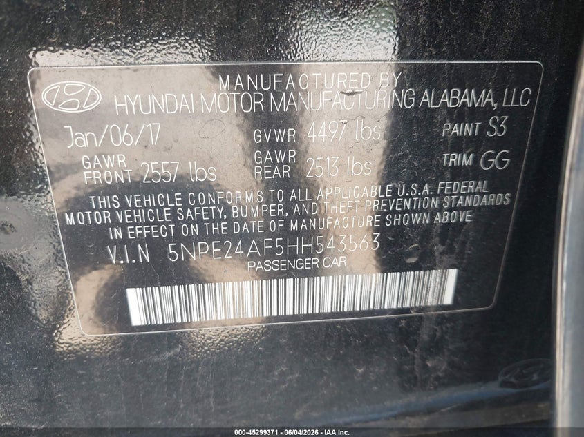 2017 Hyundai Sonata Se VIN: 5NPE24AF5HH543563 Lot: 45299371
