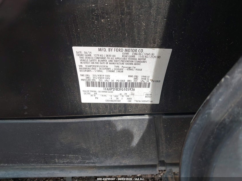 2015 Ford Taurus Limited VIN: 1FAHP2F83FG105936 Lot: 45299387
