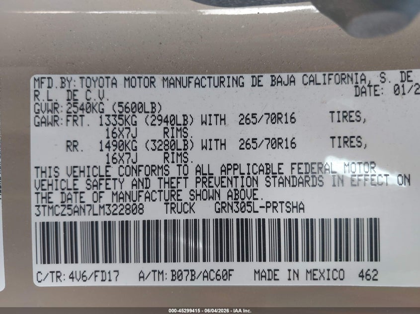 2020 Toyota Tacoma Trd Off-Road VIN: 3TMCZ5AN7LM322808 Lot: 45299415