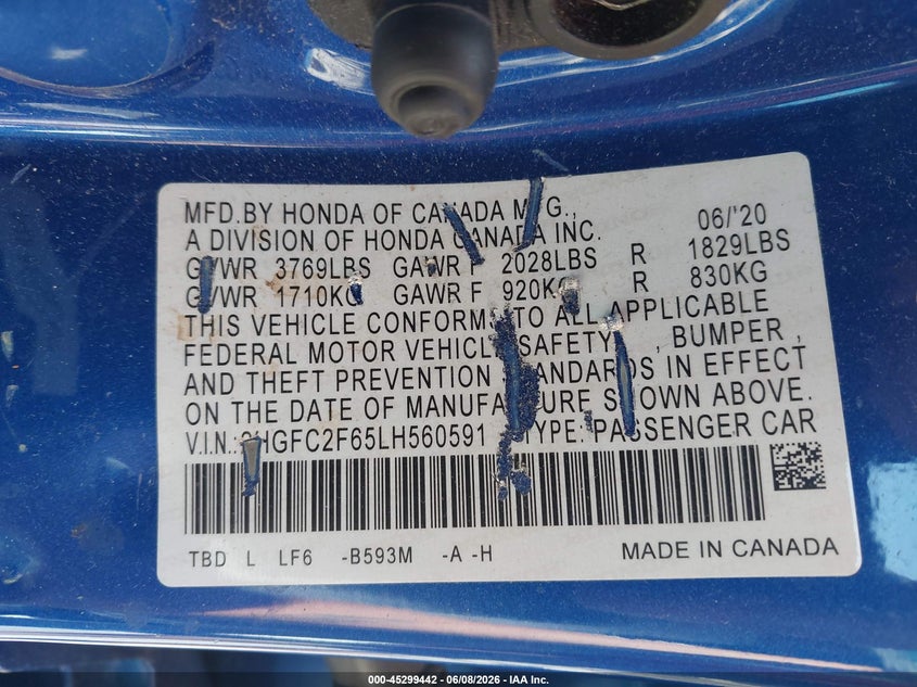 VIN 2HGFC2F65LH560591 2020 HONDA CIVIC LX