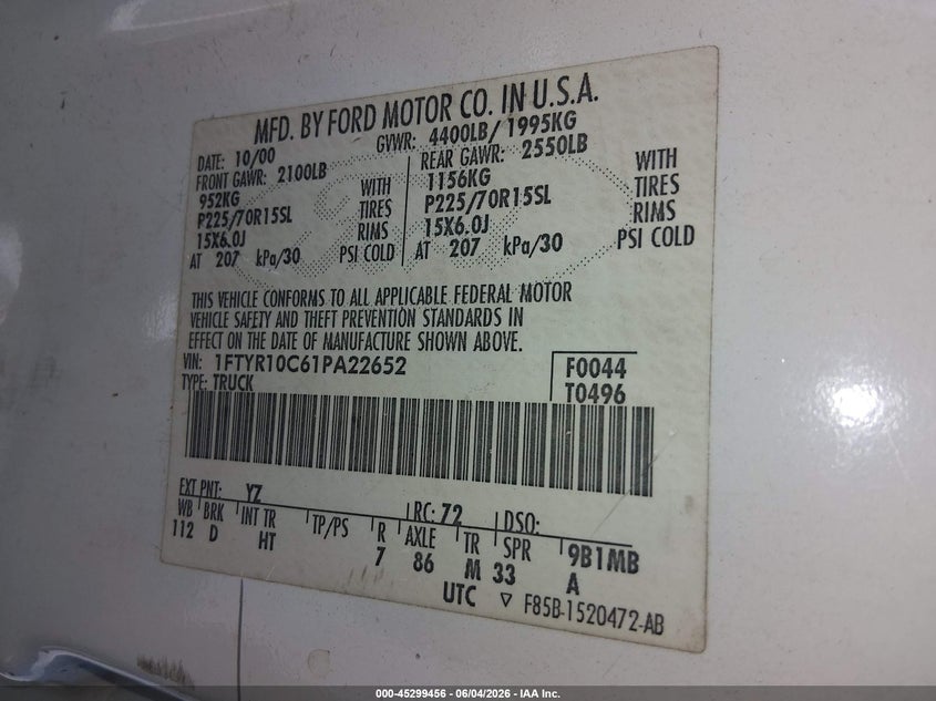 2001 Ford Ranger Xl/Xlt VIN: 1FTYR10C61PA22652 Lot: 45299456