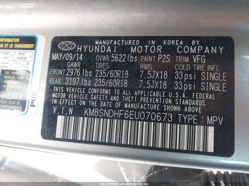 2014 Hyundai Santa Fe Limited VIN: KM8SNDHF6EU070673 Lot: 45299462