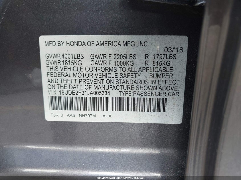 2018 Acura Ilx Acurawatch Plus Package VIN: 19UDE2F31JA005334 Lot: 45299470