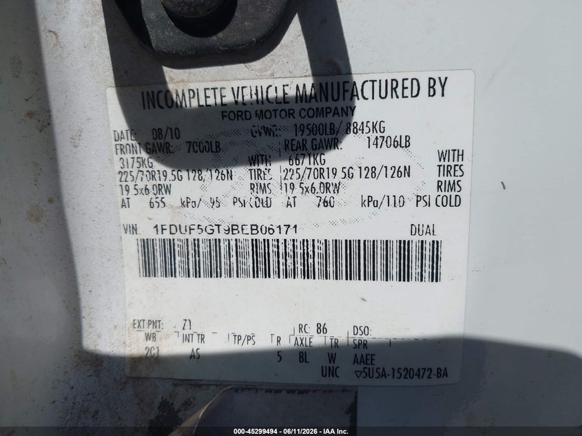 2011 Ford F-550 Chassis Xl VIN: 1FDUF5GT9BEB06171 Lot: 45299494