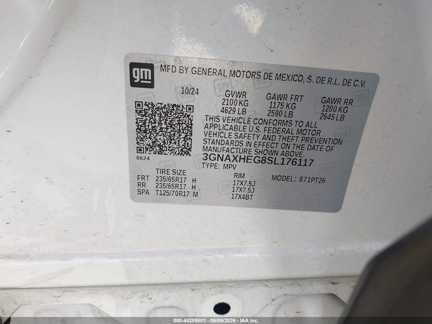 2025 CHEVROLET EQUINOX 1.5L I-4 DI, DOHC, V(VIN: 3GNAXHEG8SL176117