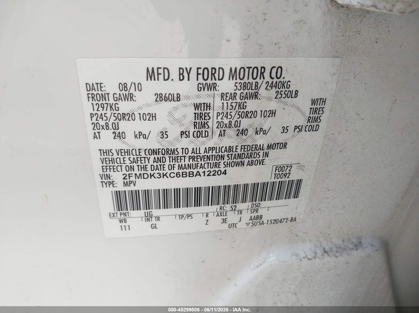 2011 Ford Edge Limited VIN: 2FMDK3KC6BBA12204 Lot: 45299506