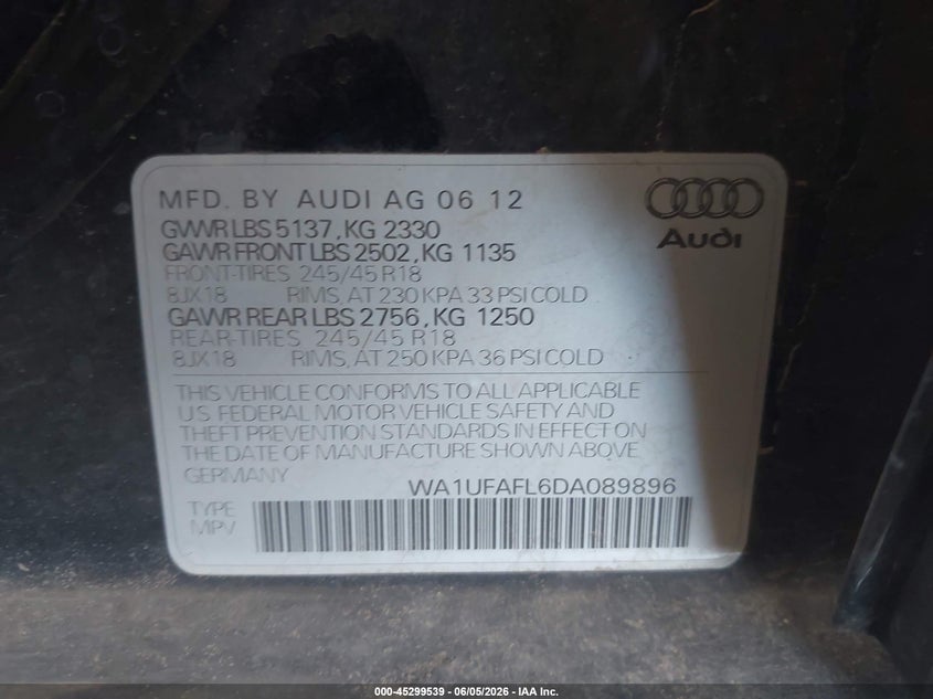 2013 Audi Allroad 2.0T Premium Plus VIN: WA1UFAFL6DA089896 Lot: 45299539