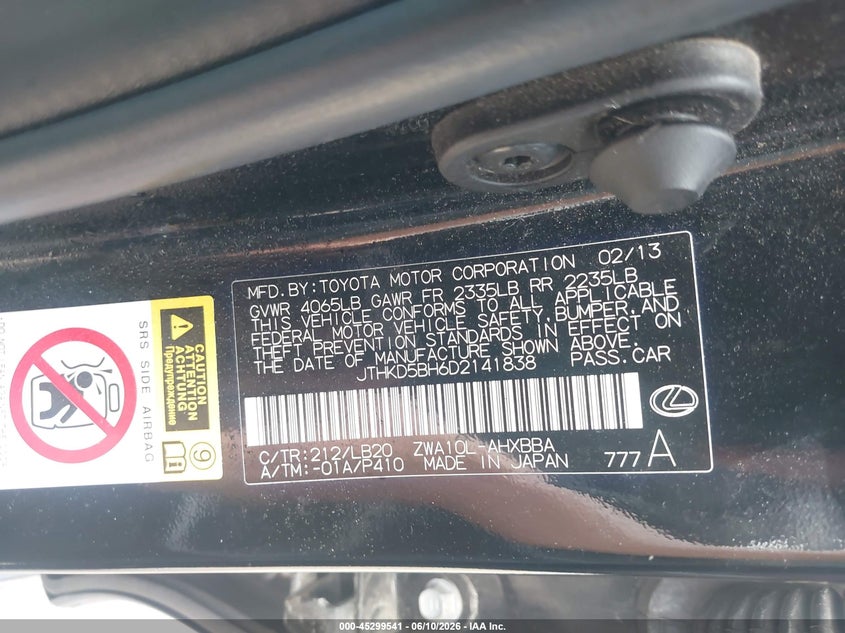 2013 Lexus Ct 200H VIN: JTHKD5BH6D2141838 Lot: 45299541