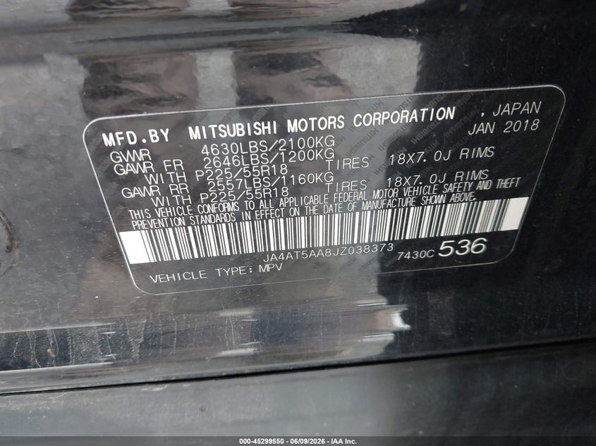 2018 Mitsubishi Eclipse Cross Se VIN: JA4AT5AA8JZ038373 Lot: 45299550