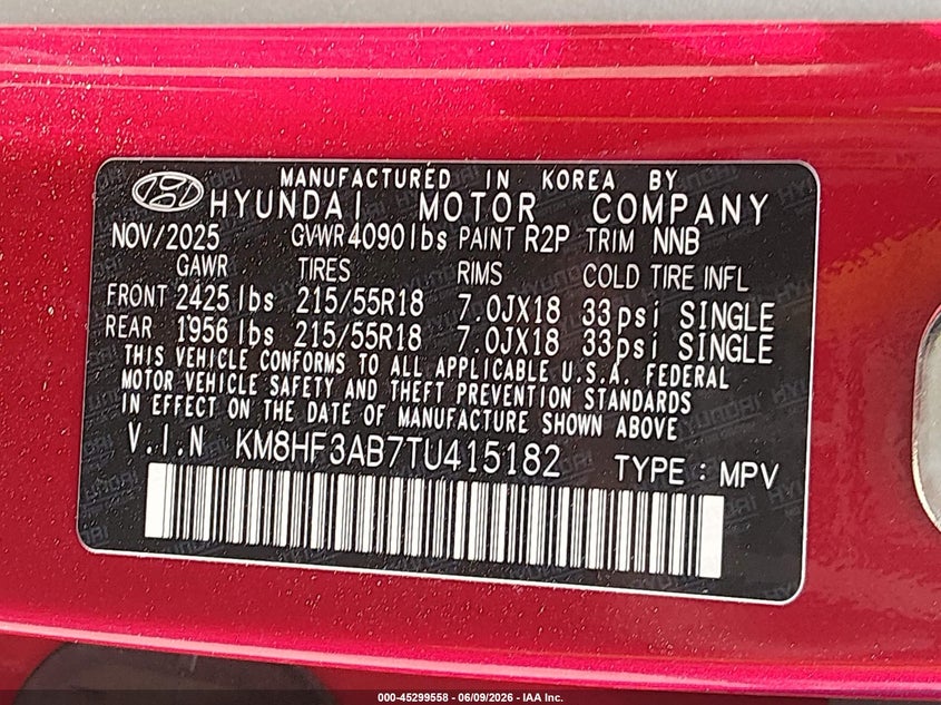 2026 Hyundai Kona Sel Sport VIN: KM8HF3AB7TU415182 Lot: 45299558