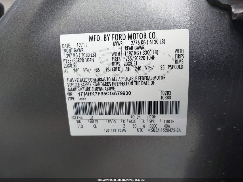 2012 Ford Explorer Limited VIN: 1FMHK7F95CGA79930 Lot: 45299568