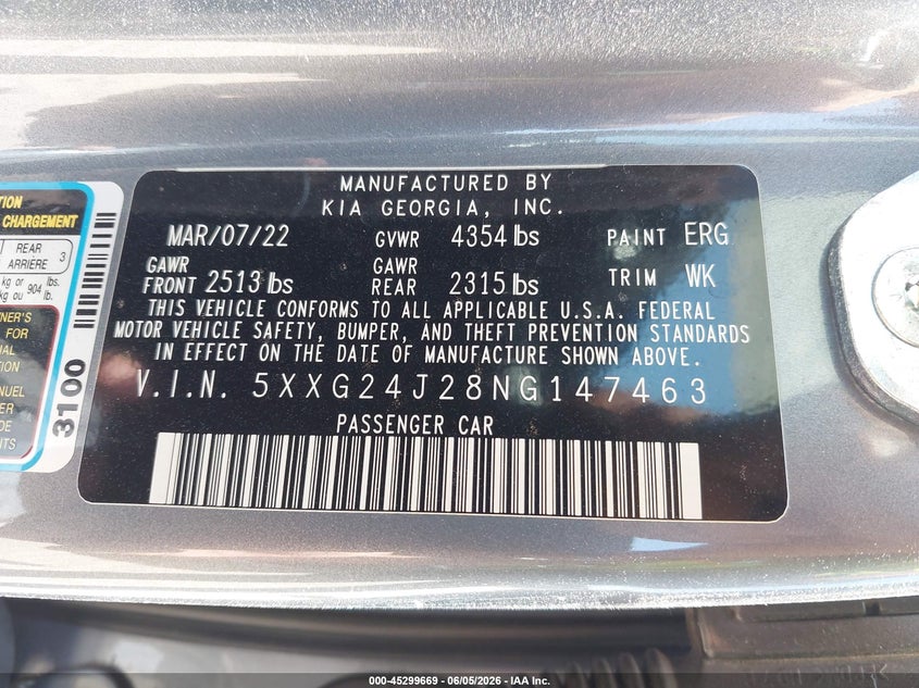 2022 KIA K5 1.6L I-4 DI, DOHC, V(VIN: 5XXG24J28NG147463