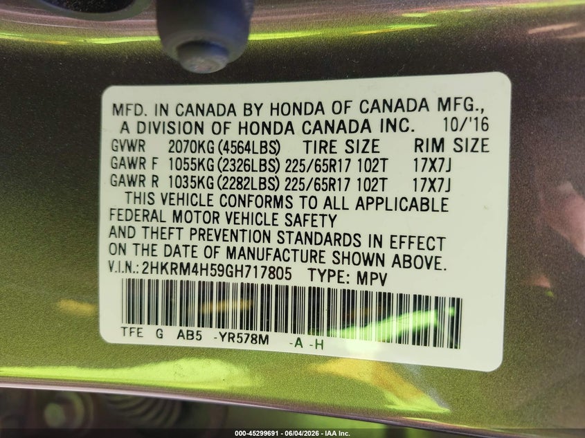 2016 Honda Cr-V Ex VIN: 2HKRM4H59GH717805 Lot: 45299691