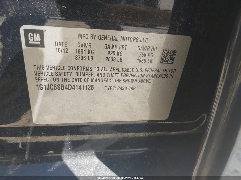 2013 Chevrolet Sonic Lt Auto VIN: 1G1JC6SB4D4141125 Lot: 45299723