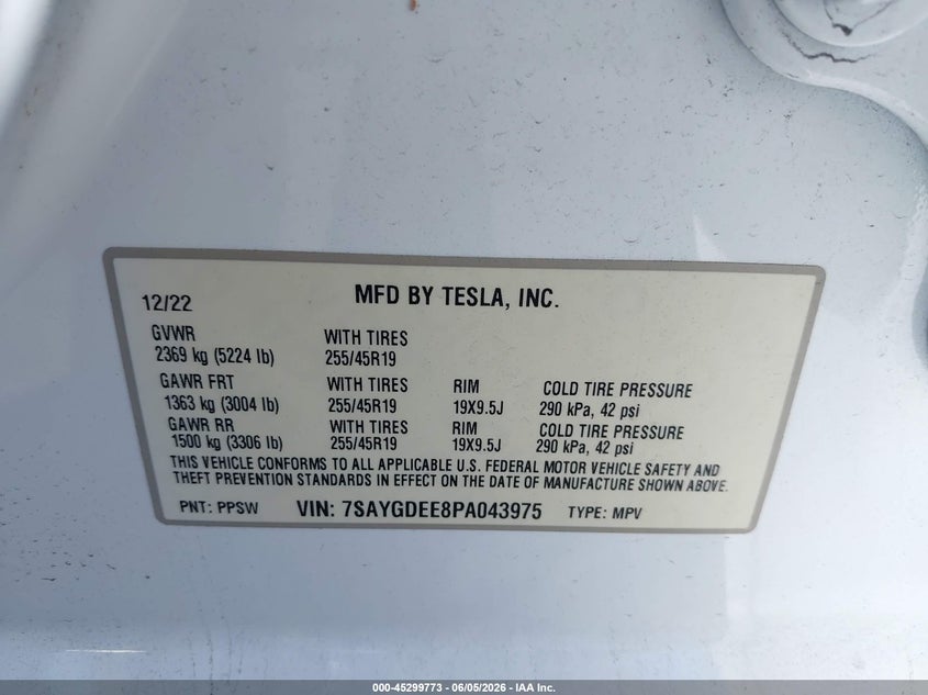 2023 Tesla Model Y Awd/Long Range Dual Motor All-Wheel Drive VIN: 7SAYGDEE8PA043975 Lot: 45299773