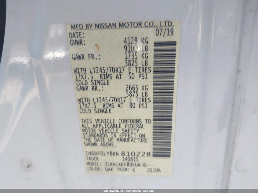 2019 Nissan Nv Cargo Nv2500 Hd Sv V6 VIN: 1N6BF0LY8KN810228 Lot: 45299789