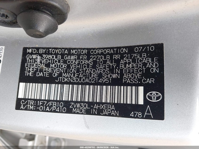 2010 Toyota Prius Iii VIN: JTDKN3DU0A0214951 Lot: 45299793