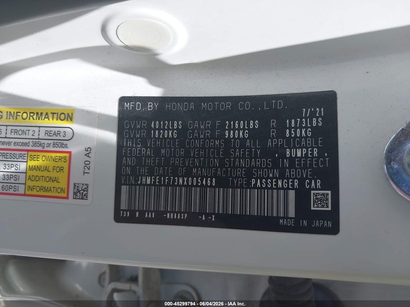 2022 Honda Civic Ex VIN: JHMFE1F73NX005468 Lot: 45299794