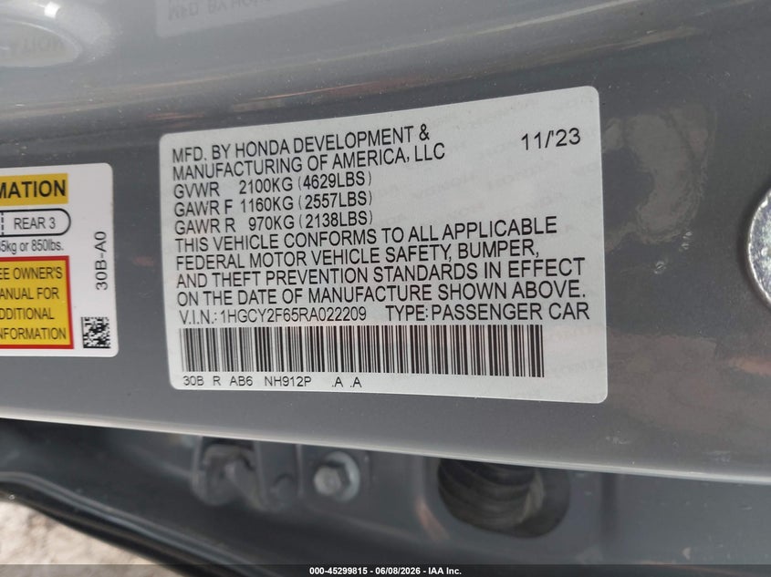 2024 HONDA ACCORD HYBRID 2.0L I-4 DI, DOHC, V(VIN: 1HGCY2F65RA022209