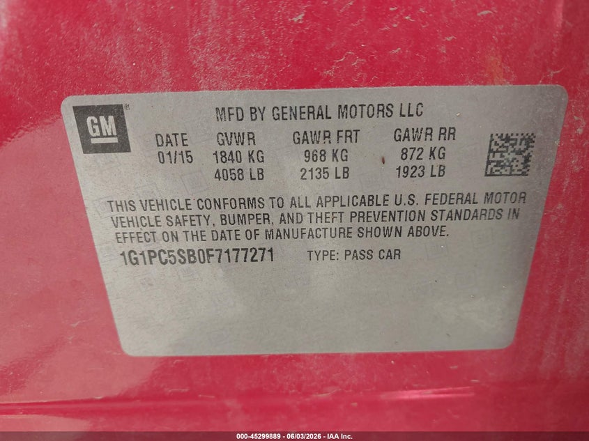 2015 Chevrolet Cruze 1Lt Auto VIN: 1G1PC5SB0F7177271 Lot: 45299889