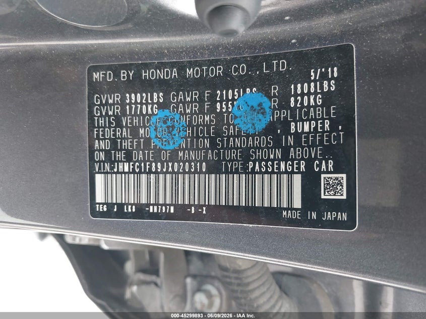 VIN JHMFC1F89JX020310 2018 HONDA CIVIC EX-L
