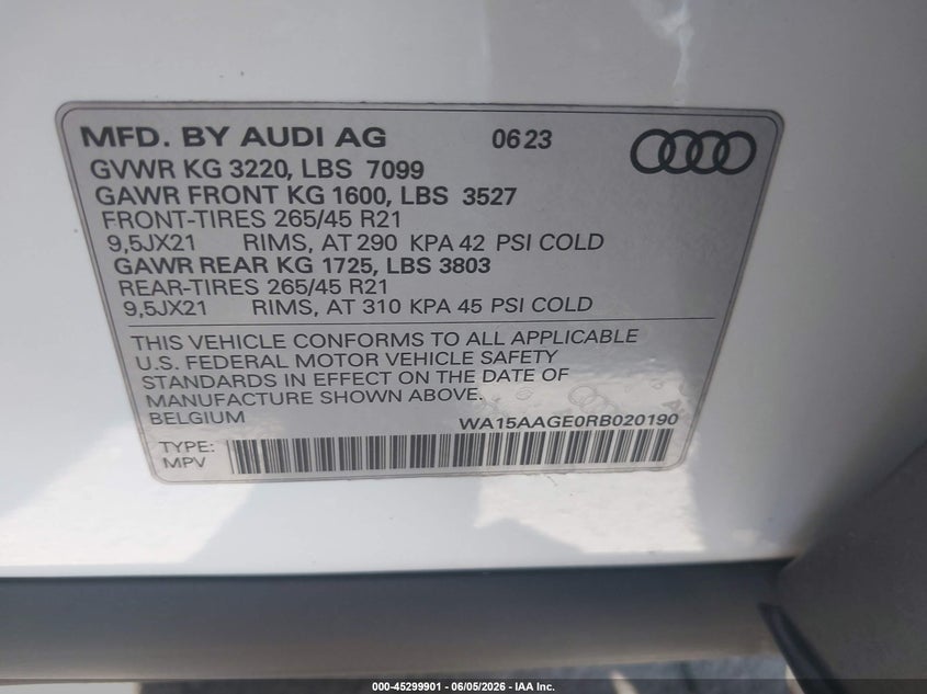 2024 Audi Q8 E-Tron Premium Plus Quattro VIN: WA15AAGE0RB020190 Lot: 45299901