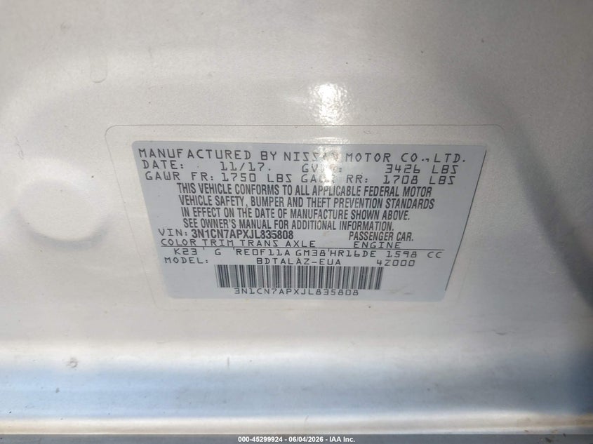 2018 Nissan Versa 1.6 S+ VIN: 3N1CN7APXJL835808 Lot: 45299924