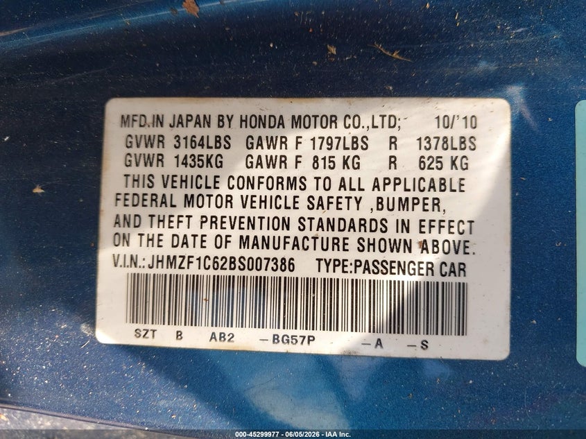 2011 Honda Cr-Z Ex VIN: JHMZF1C62BS007386 Lot: 45299977