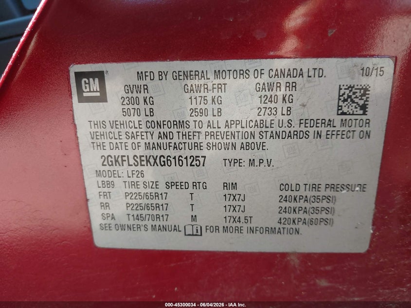 2016 GMC Terrain Sle-1 VIN: 2GKFLSEKXG6161257 Lot: 45300034
