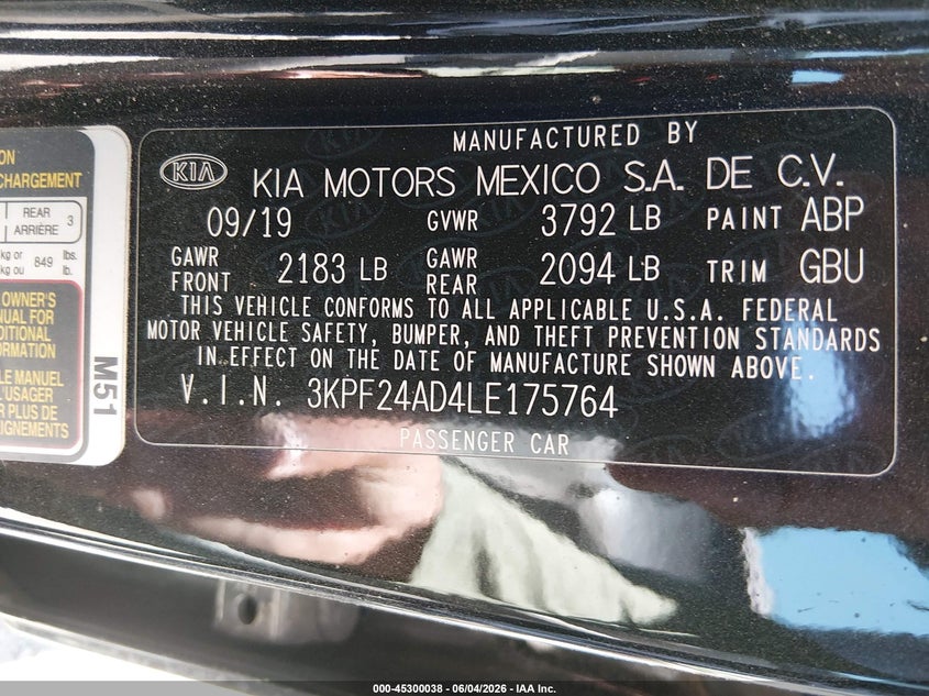 2020 Kia Forte Lxs VIN: 3KPF24AD4LE175764 Lot: 45300038