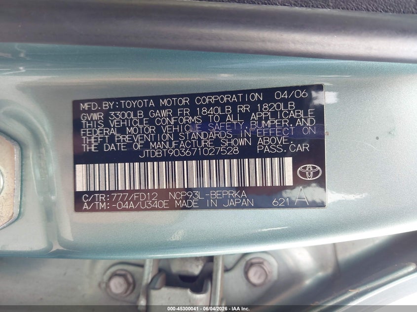 2007 Toyota Yaris VIN: JTDBT903671027528 Lot: 45300041