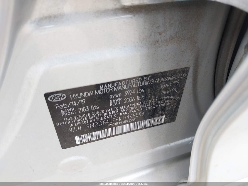 VIN 5NPD84LF6KH469553 2019 HYUNDAI ELANTRA VALUE EDITION
