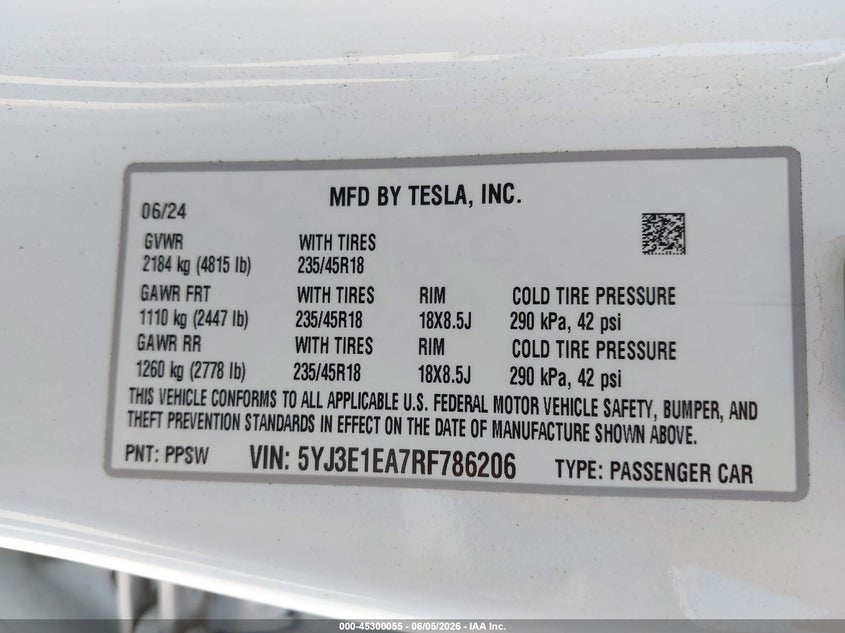 2024 Tesla Model 3 white Lot 111045300055 Vin 5YJ3E1EA7RF786206