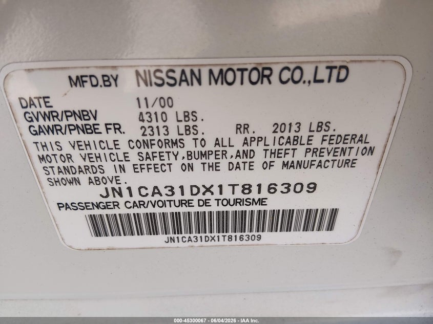 2001 Nissan Maxima Gle VIN: JN1CA31DX1T816309 Lot: 45300067