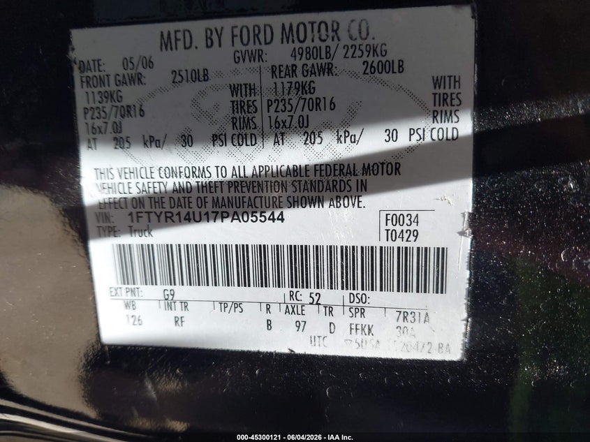 2007 Ford Ranger Sport/Stx/Xl/Xlt VIN: 1FTYR14U17PA05544 Lot: 45300121