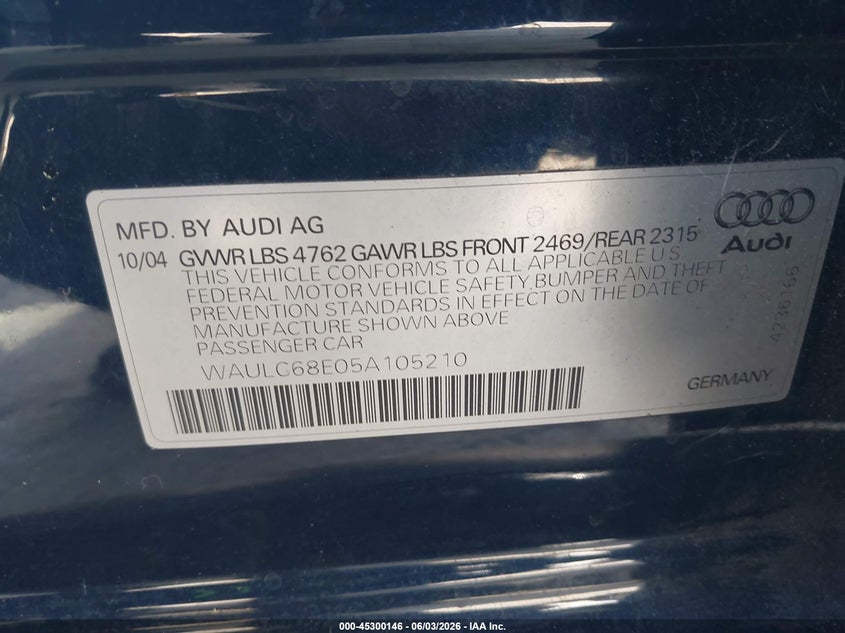 2005 Audi A4 1.8T Special Edition VIN: WAULC68E05A105210 Lot: 45300146