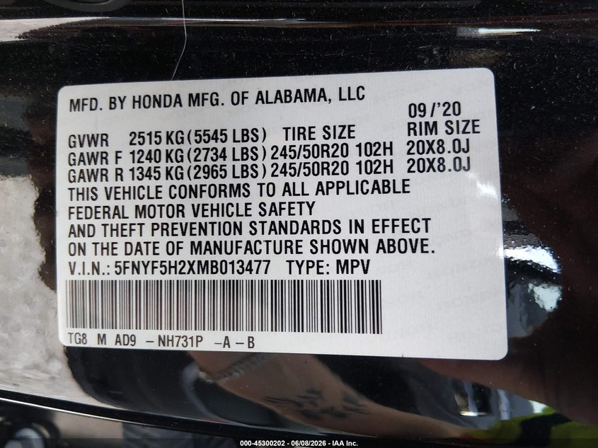 VIN 5FNYF5H2XMB013477 2021 HONDA PILOT 2WD SPECIAL EDITION