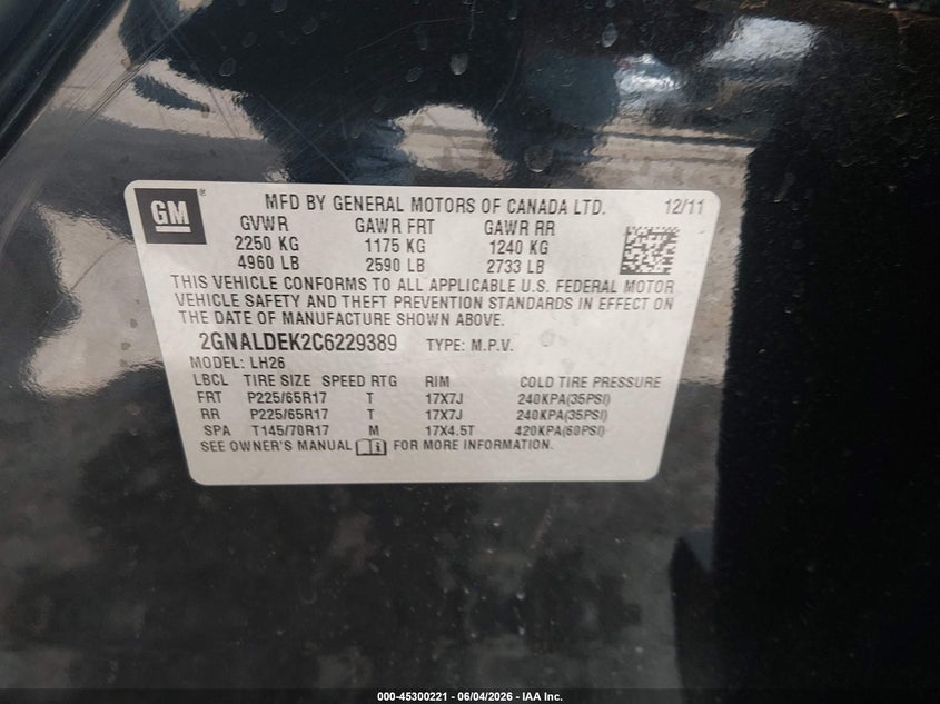2012 CHEVROLET EQUINOX SPORT UTILITY VEHICLE 2.4L I-4 DI, DOHC, VVT, 182HP