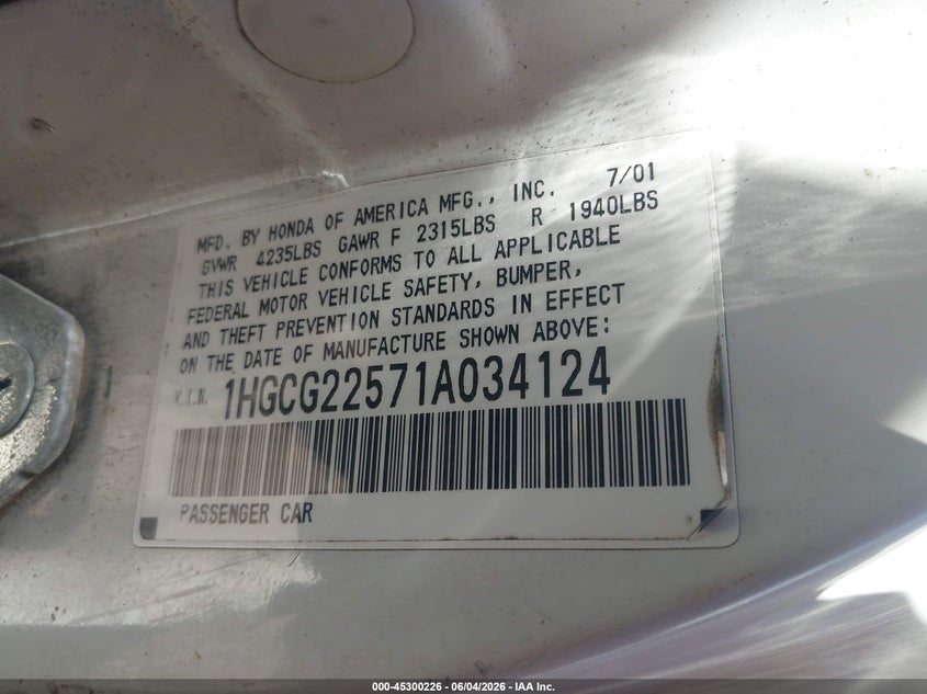 2001 Honda Accord 3.0 Ex VIN: 1HGCG22571A034124 Lot: 45300226
