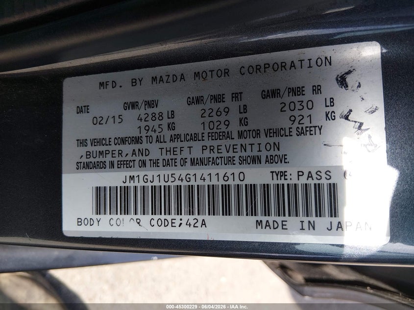 2016 Mazda Mazda6 I Sport VIN: JM1GJ1U54G1411610 Lot: 45300229