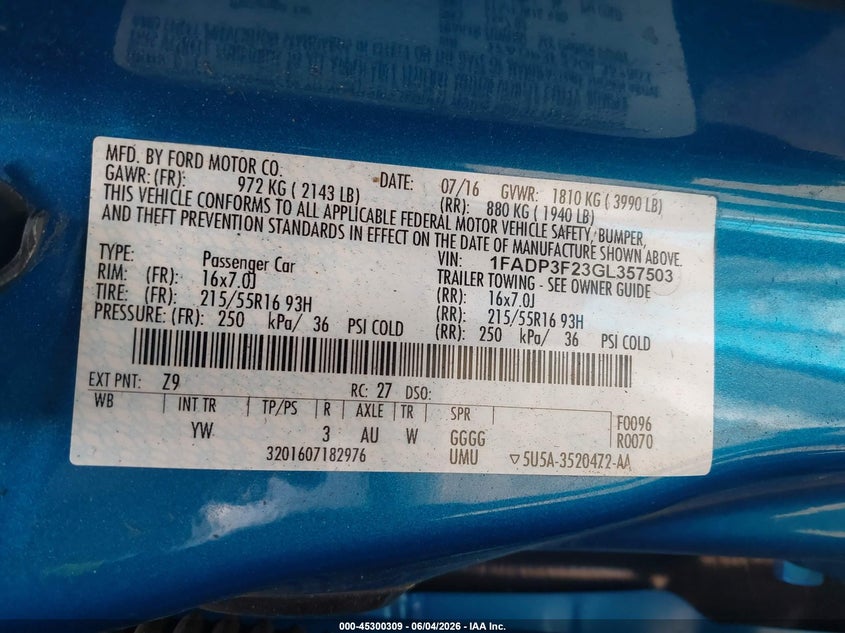 2016 Ford Focus Se VIN: 1FADP3F23GL357503 Lot: 45300309
