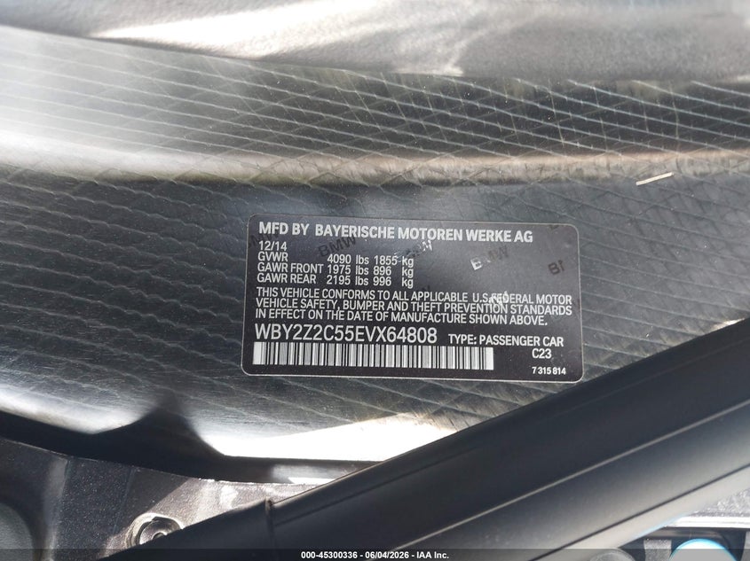 2014 BMW I8 VIN: WBY2Z2C55EVX64808 Lot: 45300336