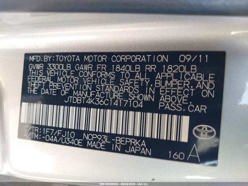 2012 Toyota Yaris VIN: JTDBT4K36C1417104 Lot: 45300352