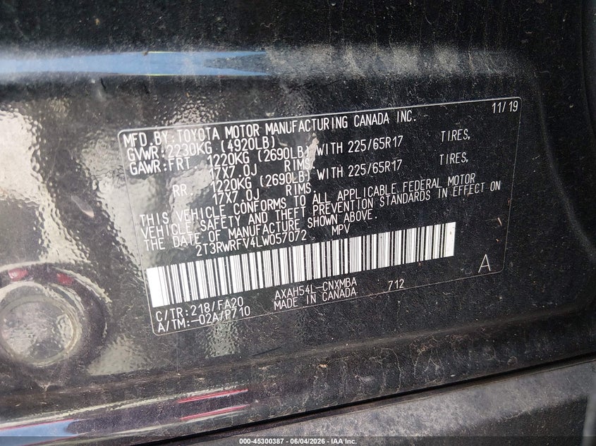 2020 Toyota Rav4 Hybrid Xle VIN: 2T3RWRFV4LW057072 Lot: 45300387