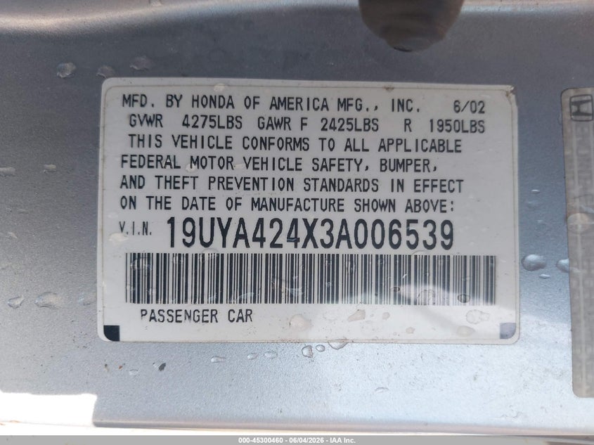2003 Acura Cl 3.2 VIN: 19UYA424X3A006539 Lot: 45300460